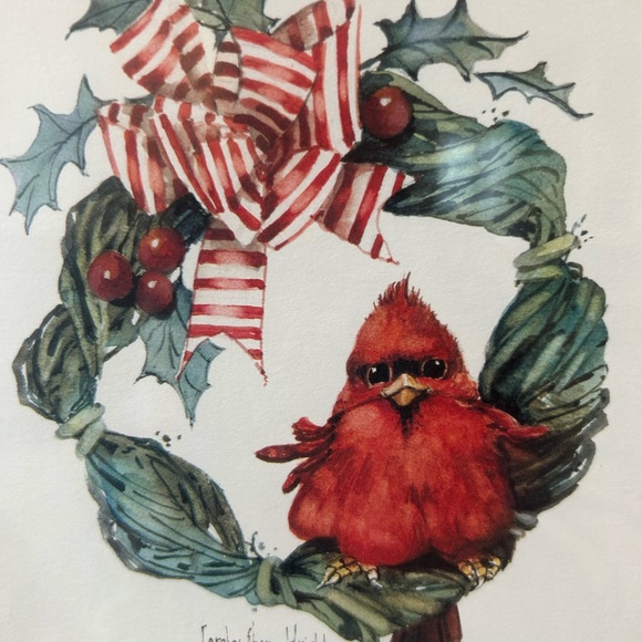 Vintage Carolyn Shores Wright red cardinal on Christmas wreath frame glass print - Picture 3 of 6